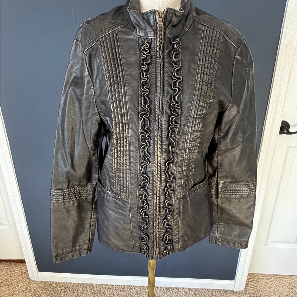 a.n.a Black Leather Jacket with Ruffle Accents